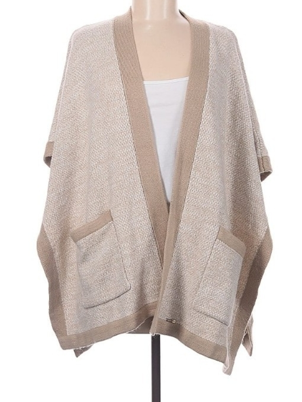 Calvin Klein Beige and Cream Open-Front Knit Cardigan Poncho